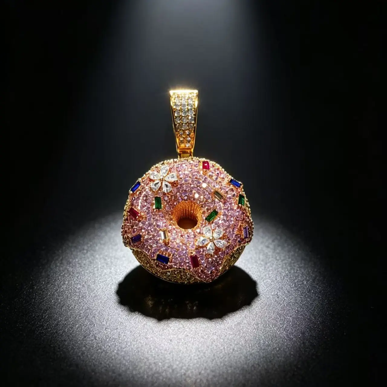 8051 Colorful Sparkle Donut Pendant Playful Hip Hop Food Style Necklace with Multi-Color Gems and Unique Design