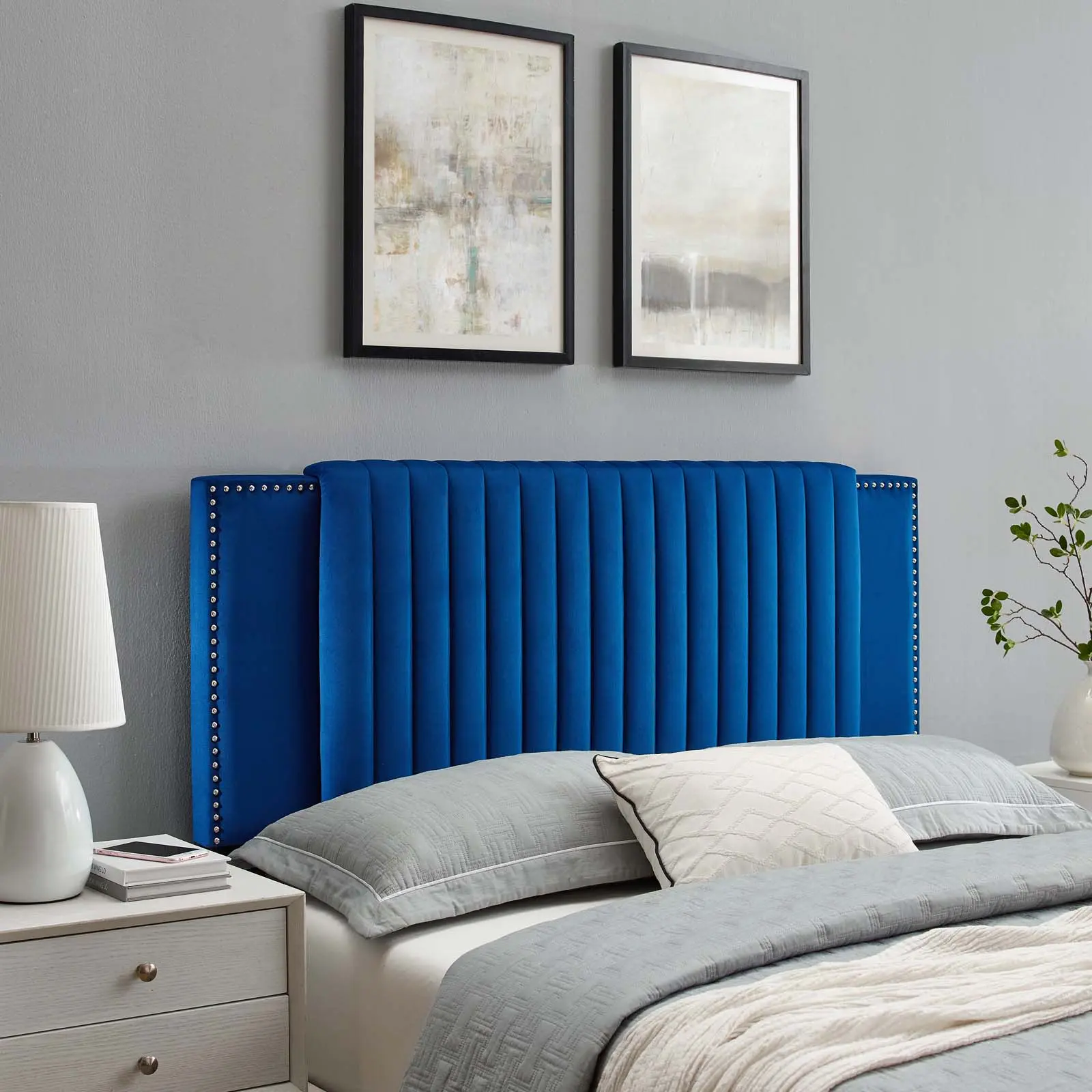 Modway Felicity Upholstered Channel Tufted Performance Velvet Headboard - Adjustable Fabric Headboard for King/California King Beds, Navy, Upholstered Tufted Headboard, Adjustable Headboards