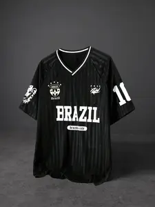 Men's Vintage American Style Striped V-Neck T-Shirt, Summer Loose Fit Sportswear, Graphic Short Sleeve Top Without Zipper