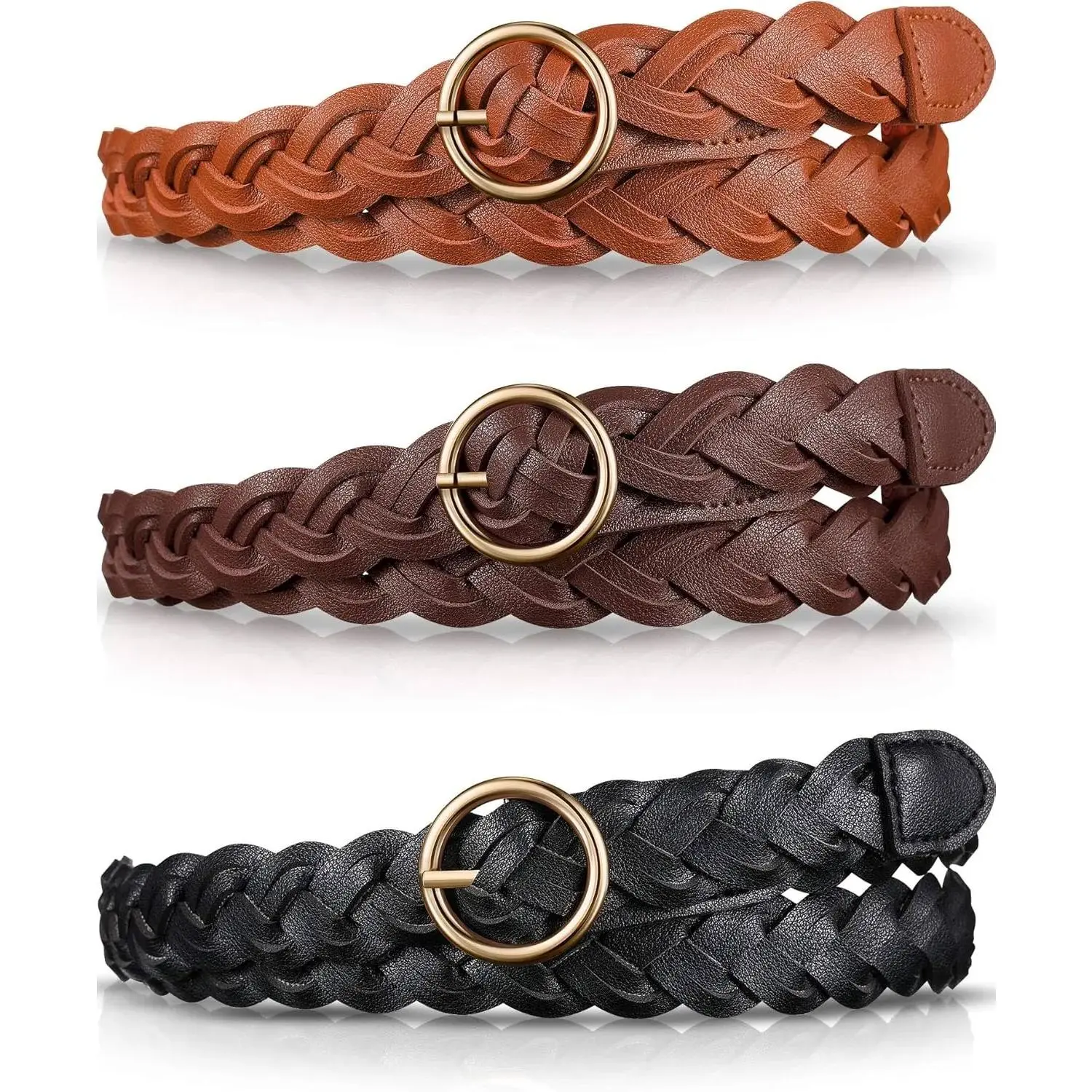 Women's 3-Piece Boho Braided Thin PU Leather Band-Shaped Belts Set - Adjustable Alloy O-Rings Buckle, Casual/Formal Fashion Accessories for Dresses, Jeans