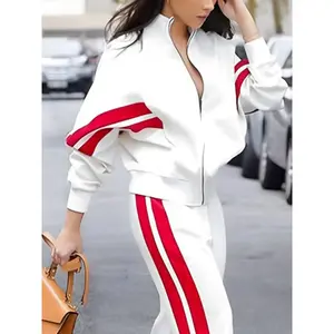 Women's Long Sleeve Loose Fit Sporty Jacket, Color Block Striped Zipper Coat, Casual Stand Collar Outerwear for Fall & Winter, Athletic Jackets