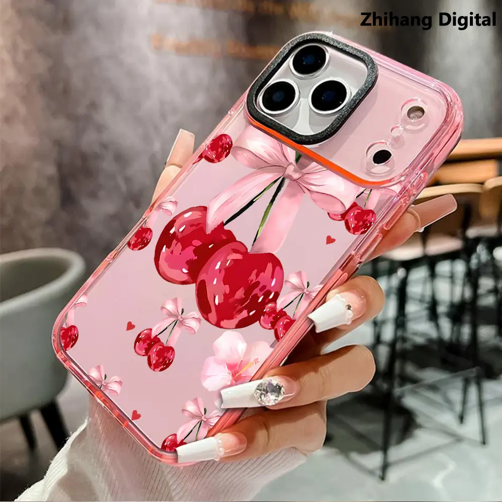 Preppy Glam Cherry Bow Pattern TPU-Silicone Phone Case for iPhone 17 Pro Max,16 Plus,15,14,13,12,11 - Sturdy, Nonslip, Anti-Yellowing, Shockproof, Ultra-Thin Crystal Customized Protective Smartphone Accessory, Casing, Accessories