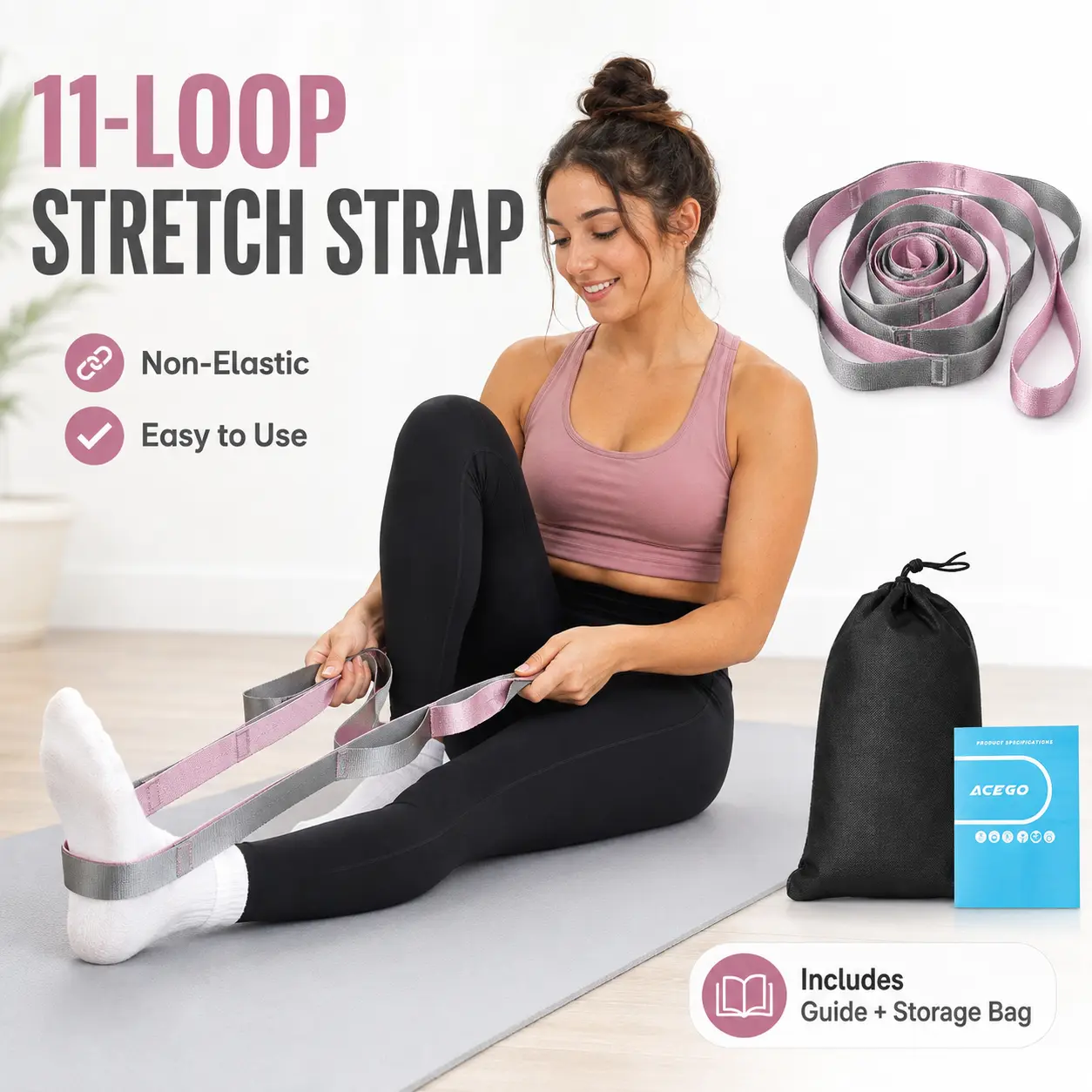 Non-Elastic Stretching Strap with Loops for Physical Therapy & Rehab, Knee Hip Leg ROM Post-Surgery, Yoga Strap for Stretching, Leg Lifter Strap Mobility Aid, Hamstring Calf Back