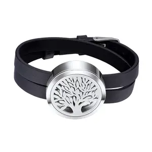 PROSTEEL Tree of Life Essential Oil Diffuser Bracelet PU Leather Stainless Steel Oil Diffuser Locket Wrap Bracelet Unisex For Men Women Gift Box