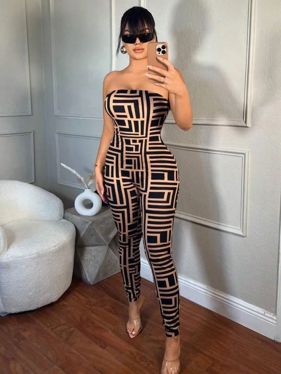 Women’s Printed Strapless Bodycon Jumpsuit, Sexy Tube Romper for Summer Parties