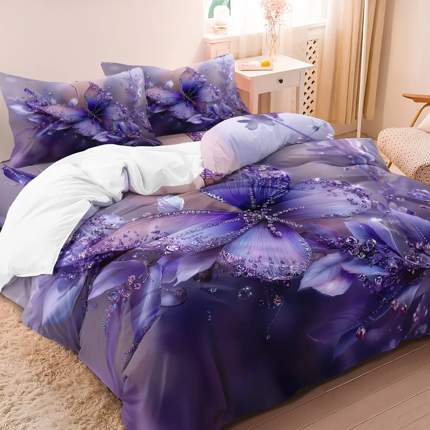 3pcs Set, Floral Bedding Set, Purple Butterfly Flower Print Duvet Cover Sets (Includes 1 Duvet Cover And 2 Pillowcases, No Comforter, No Pillow), Suitable for Home Or Dorm Use, Featuring High-Definition Print, Queen And King Sizes, Decorative Bedding Set