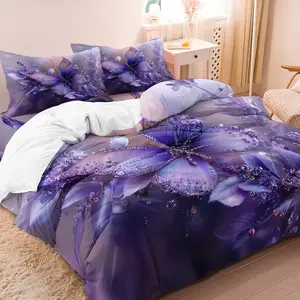 3pcs Set, Floral Bedding Set, Purple Butterfly Flower Print Duvet Cover (Includes 1 Duvet Cover And 2 Pillowcases, No Comforter, No Pillow), Suitable for Home Or Dorm Use, Featuring High-Definition Print, Queen And King Sizes