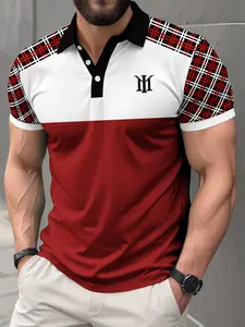 Men's Wine Plaid Patchwork Performance Polo Shirt, Casual Short Sleeve Business Golf Shirt, Breathable Lightweight Streetwear Top