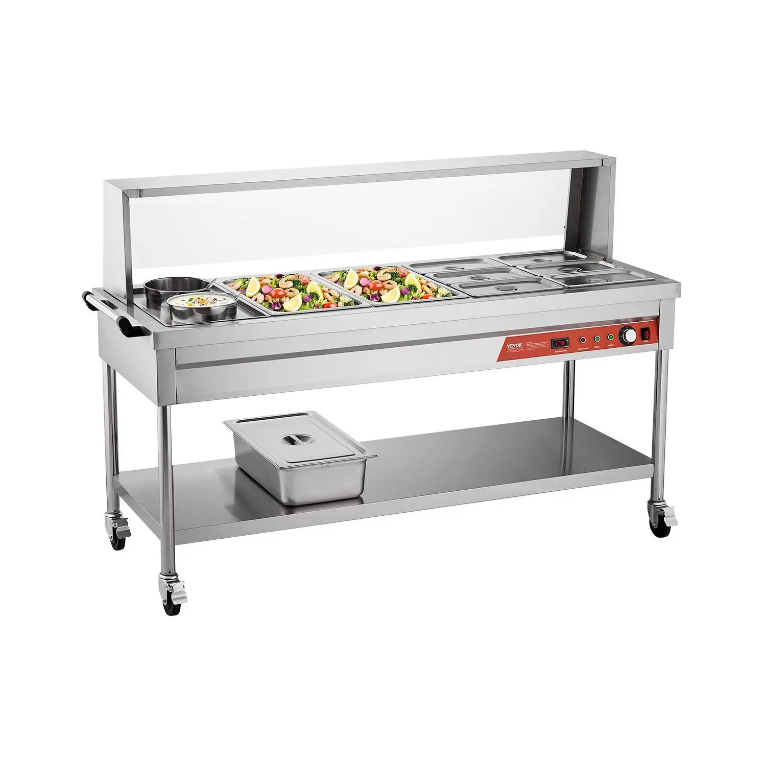 VEVOR 1800W Power Commercial Food Warmer & Food Steamer, Stainless Steel Electric Steam Table with 8 Pans, 2 Pots, Shield, Undershelf, Wheels, AC120V Plug (110.23 lbs, 1750x640x850 mm) for Restaurant Use (DealsForYouDays Promotion)