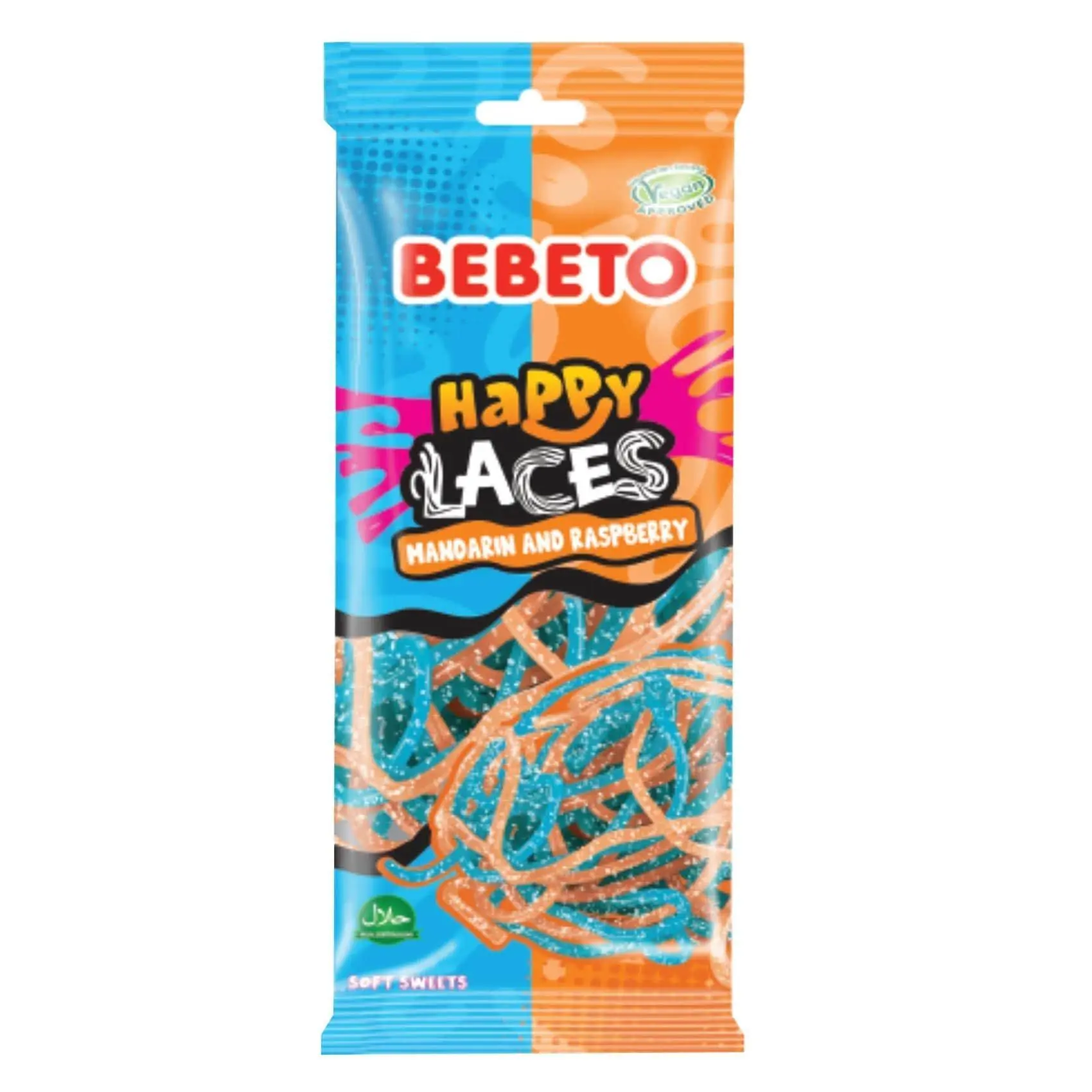 Bebeto Import Happy Laces Soft Candies - Mandarin Raspberry Flavor, Sugar-Based Snack, 2.65oz 12-Piece Tray Pack