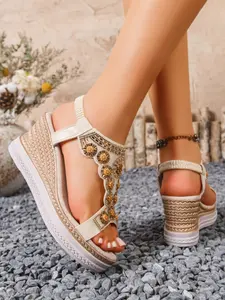 Summer New Ethnic Style Flatform Sandals, Rhinestone Decorated Peep Toe PU Leather Shoes, Medium Width, Casual Women's Footwear