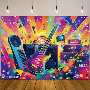 Music Festival Themed Backdrop, Colorful Guitar & Music Note Pattern Backdrop, Party Decoration Supplies for Home & Bar & Party, Banners