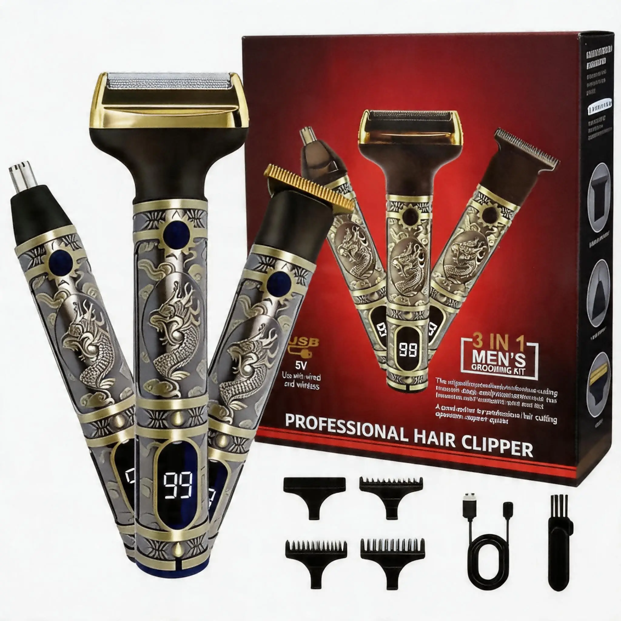 Professional Men's Electric Shaver with LED Display, USB Charging, Trimmer Set, Hair & Beard Trimming, Digital Beard Trimmers, Professional Grooming Kit