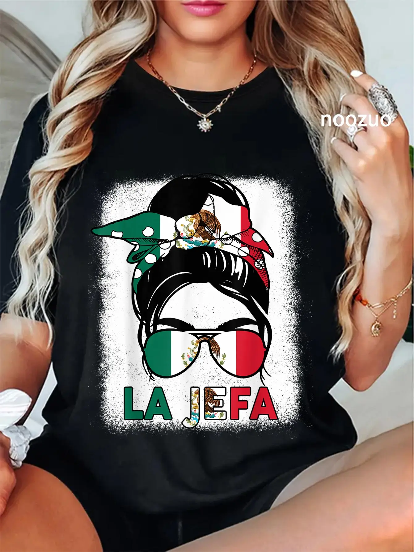 Women's Graphic Print T-Shirt, Funny La Jefa Mexican Flag 100% Cotton Top with Short Sleeves for Cinco de Mayo, Mother's Day, Tshirt, Casual, Lady, Cute, Fashion