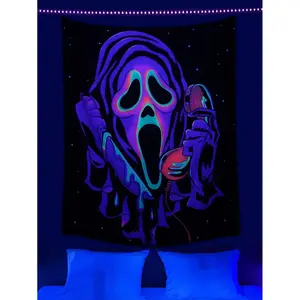 1pc Ghost With Phone And Knife Printed Fluorescent Tapestry,  Fabric Wall Decoration, Flag For Room, Room Deco, Tapestry, Wall Art,  Flags For Room, Tapestry  banner extra large Panel  Rivalry Vintage Heated Double-Printed Rapper