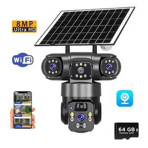 Mother's Day Gift:4K Outdoor Solar-powered Security Camera, 2.4G WiFi Monitoring, Triple-lens Display, 355° Pan-tilt Auto-tracking, Color Night Vision, Two-way Audio, Suitable for Home And Commercial Surveillance,Comes with A 64GB Memory Card.