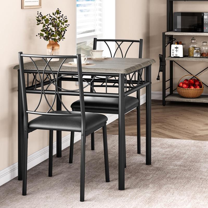 Rustic Grey 3-Piece Metal & Wood Square Dining Table Set for 2 - Compact Design, Stable Steel Legs, 2 Upholstered Chairs, Waterproof Coat, Space-Saving Storage, Assembly Required, Ideal for Small Spaces, Studios, Condos