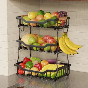 3 Tier Countertop Fruit Basket for Kitchen, Vegetable Storage Bread Fruit Bowl Stand with 2 Banana Hooks, Wall Mounted Metal Wire Basket Organizer for Potato Onion, Black