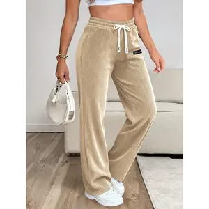 Women's Minimalist Basic Corduroy Bottoms - Lightweight, Breathable, Loose Casual Drawstring Pants with Back Pockets, Ideal for 2 Versatile Occasions