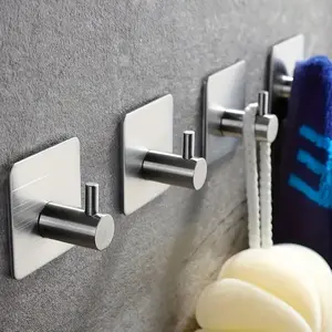 Set of 4 Self Adhesive Wall Hooks, Storage Hooks, Waterproof Stainless Steel Hangers for Clothes Hats Towels Robes, Bathroom Bedroom Hanging Rack