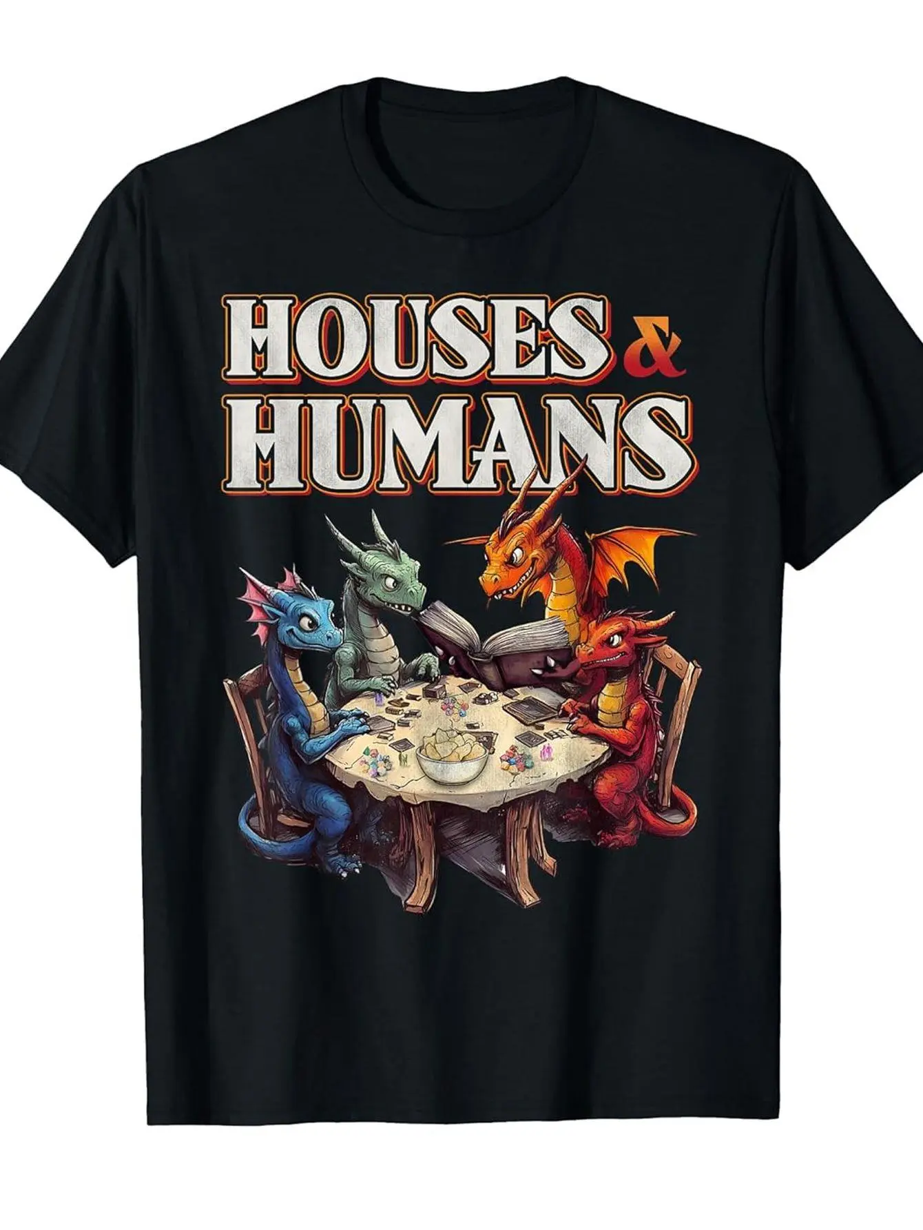 Men's & Boys' Funny RPG Gamer T-Shirt with Dragons, houses & humans Retro D&D Tabletop Game Tee - Loose Fit Casual Short Sleeve Shirt for RPG Fans, Durable Print, Year-Round, Humorous Geek Culture Apparel