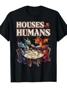 Men's & Boys' Funny RPG Gamer T-Shirt with Dragons, houses & humans Retro D&D Tabletop Game Tee - Loose Fit Casual Short Sleeve Shirt for RPG Fans, Durable Print, Year-Round, Humorous Geek Culture Apparel