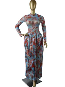 PULKRITU Women Print Long Sleeve O-Neck Wrap Front Pleated Sheer Top Big Swing Dress, Sexy Fitted Design for Elegant Romatic Occasions, Perfect for Parties, Birthdays, Prom, Formal wear, A-line Maxi Dresses, Engagement Dress