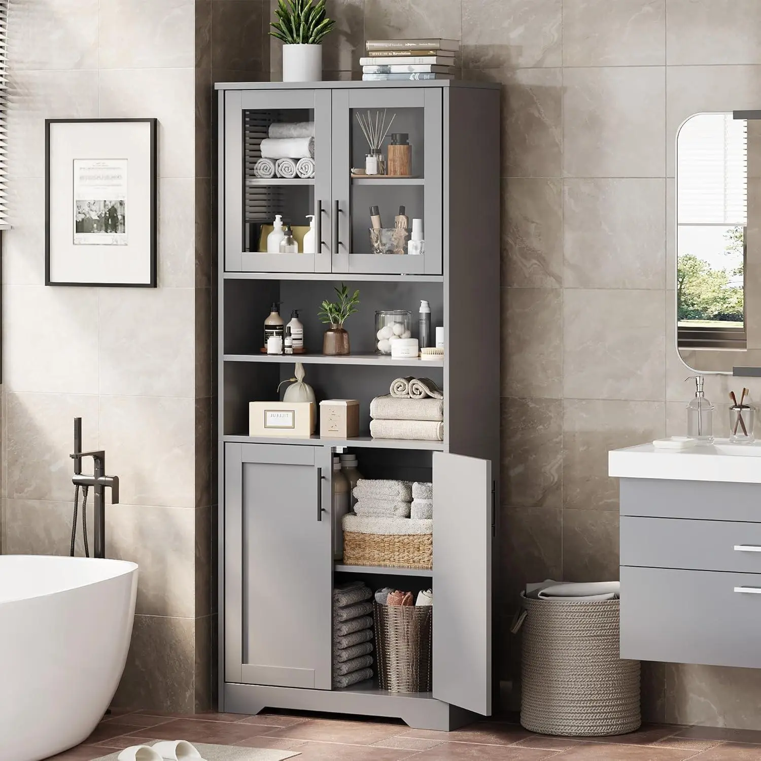 Gray Wood Kitchen Pantry Cabinet with Glass Doors Drawer Adjustable Shelf and Spacious Countertop Modern Farmhouse Gray