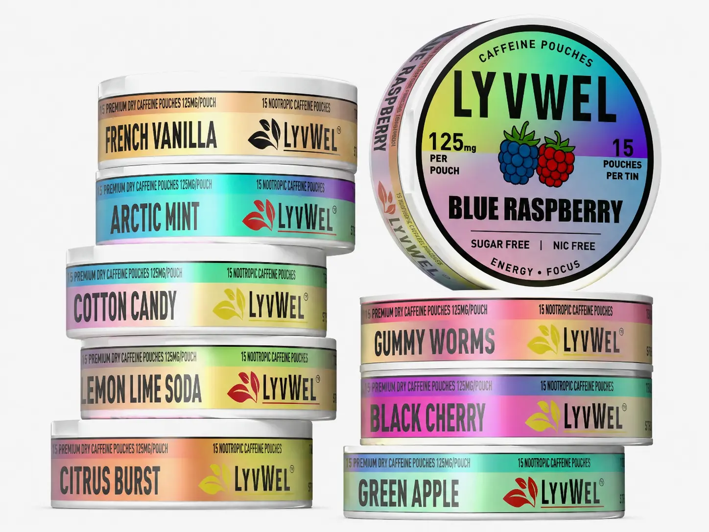 LyvWel 125mg Energy pouches Lip Pillows natural Caffeine Upper Bunks Zero Sugar 1875mg per can Variety Pack Flavor Energy