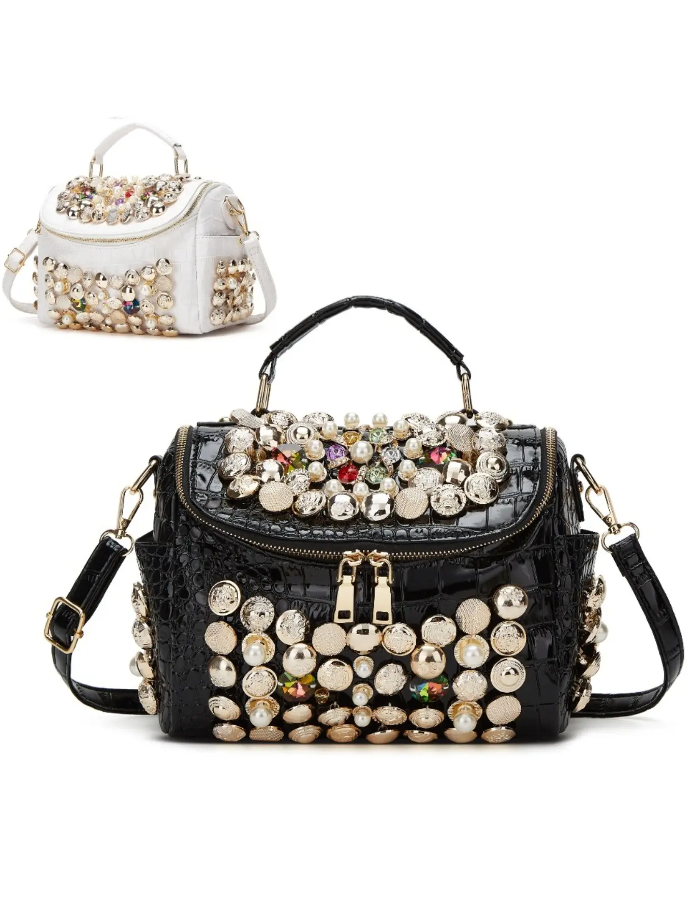 Rhinestone Evening Clutch Bag, Crossbody Clutch Purse, Evening Shoulder Bag, Crossbody Shoulder Handbag, PU Leather with Polyester Lining, Zipper Closure, Removable Strap, Hand Wash/Dry Clean, Solid Color with Edge Paint, Fashion Purses