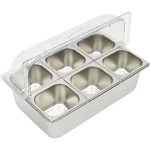 Countertop Ice Food Serving Display Container with 6 Pans,Buffet Cold Serving Cooler Platter Cooling Food Dishes Display Plate with PC Roll Cover for Seafood Fruit Party Buffet Tray,Silver Indoor Rectangular Kitchen Stainless