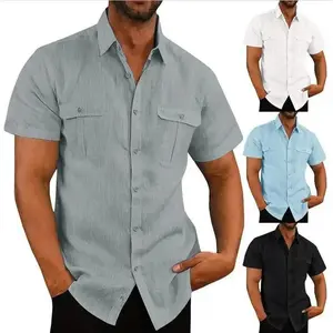 2025 Men's Shirt Double Pocket Cotton Linen Short Sleeve Shirt Casual Vacation Shirt 7 Colors initiative t-shirt colorblock zip Menswear Top
