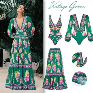 FLAXMAKER Women's Green Grapes Print V Neck One Piece Swimsuit and Matching Cover Skirt Set Beach Swimwear Swimdress Swimset Bathing Suit Stylish Beachwear #TikTokShopBlackFriday