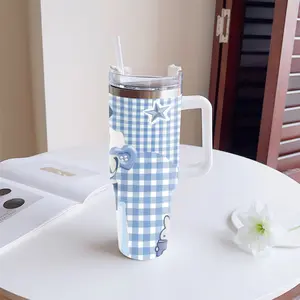 40oz thermos, Cute Blue Gingham Lucky Girl Collage Pattern, lid & straw, double-wall stainless steel vacuum cup for hot & cold drinks, gift for sports lovers family classmates, basketball football cycling all seasons