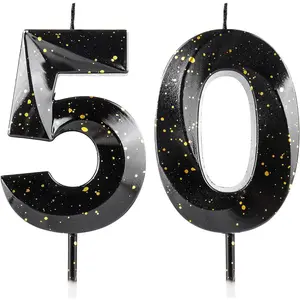 Number 50 Candles 50th Birthday Candles 3D Black  Happy Birthday Candle  Wax & 3D  Design Cake Topper Decorations for Birthday Party Wedding Anniversary Celebration Supplie