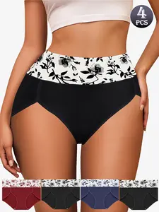 QUASTI 4PCS Floral Waist High Waisted Underwear for Women, Breathable Comfy High Strech Briefs, Full Coverage Briefs Soft Ladies Briefs for Grils, Delicate Floral Pattern Underwear, Back to School Gifts for Grils
