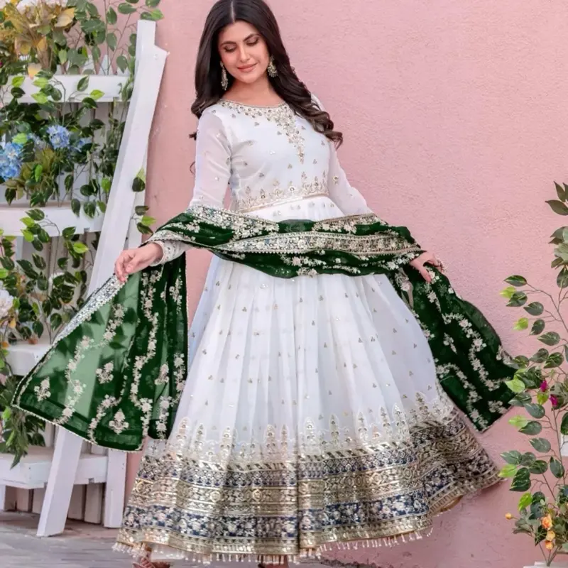 Indian Long Dress - White with Green Embroidery, Long Sleeves, Matching Dupatta, Elegant Casual Women's Wear, Versatile Aesthetic Design - TikTok Shop Indian Long Dress - White with Green Embroidery, Long Sleeves, Matching Dupatta, Elegant Casual Women's Wear, Versatile Aesthetic Design - TikTok Shop
