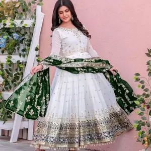 Indian Long Dress - White with Green Embroidery, Long Sleeves, and Matching dupatta, Casual Women's Wear - Womenswear