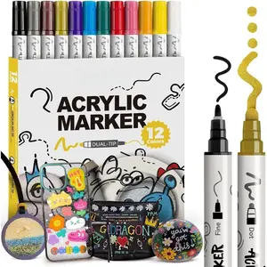 12 Color Bold and Fine Dual-tip   Pen Set for Canvas Rock  Leather Ceramic DIY Painting