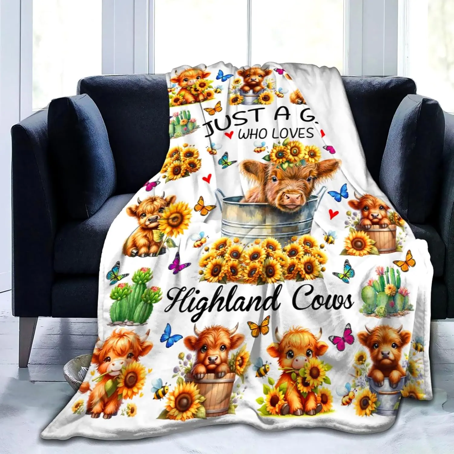 Highland Cow Gifts Sunflower Highland  Blanket Throw Plush Stuff Cute  Butterfly Gifts for Girls  Women Adults Highland Cow Lovers Birthday Decorations 50"X40"