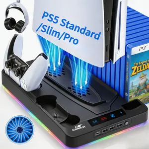 PS5 Cooling Station with Dual Controller Charging Base, 3-Levels Cooling Fan, RGB Vertical Stand for PS5 Standard/Slim/Pro Disc & Digital,Gamer gifts