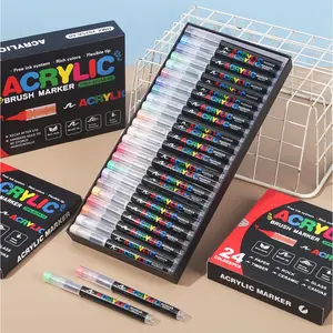 12/24/36 Colors Acrylic Paint Markers, Soft Brush Tip Markers, Suitable for Wood, Stone, Canvas, Glass, Fabric, Tempera Painting and DIY Handmade, Art Watercolor Fantasy Birthday Party Decoration Set Halloween Candy Acrylic Paint Markers