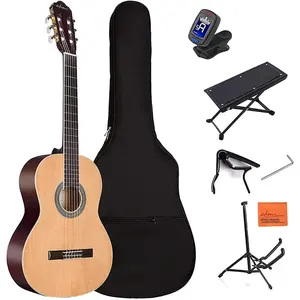 Full Size Classical Nylon Strings Acoustic Guitar 29 x 75x 50mm Classic Guitarra Starter Bundle for Adult with Free Lessons, Gig Bag, Tuner, Footstool,  Student Beginner Kits, Nature