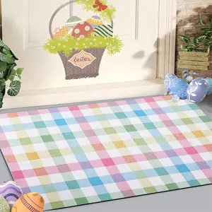 Indoor Entrance Welcome Mat with Pastel Gingham Print Flannel Fabric NonSlip Comfortable Easy Clean Perfect for Bedroom Living Room Home Decor Doormat Ideal for Easter and Beyond