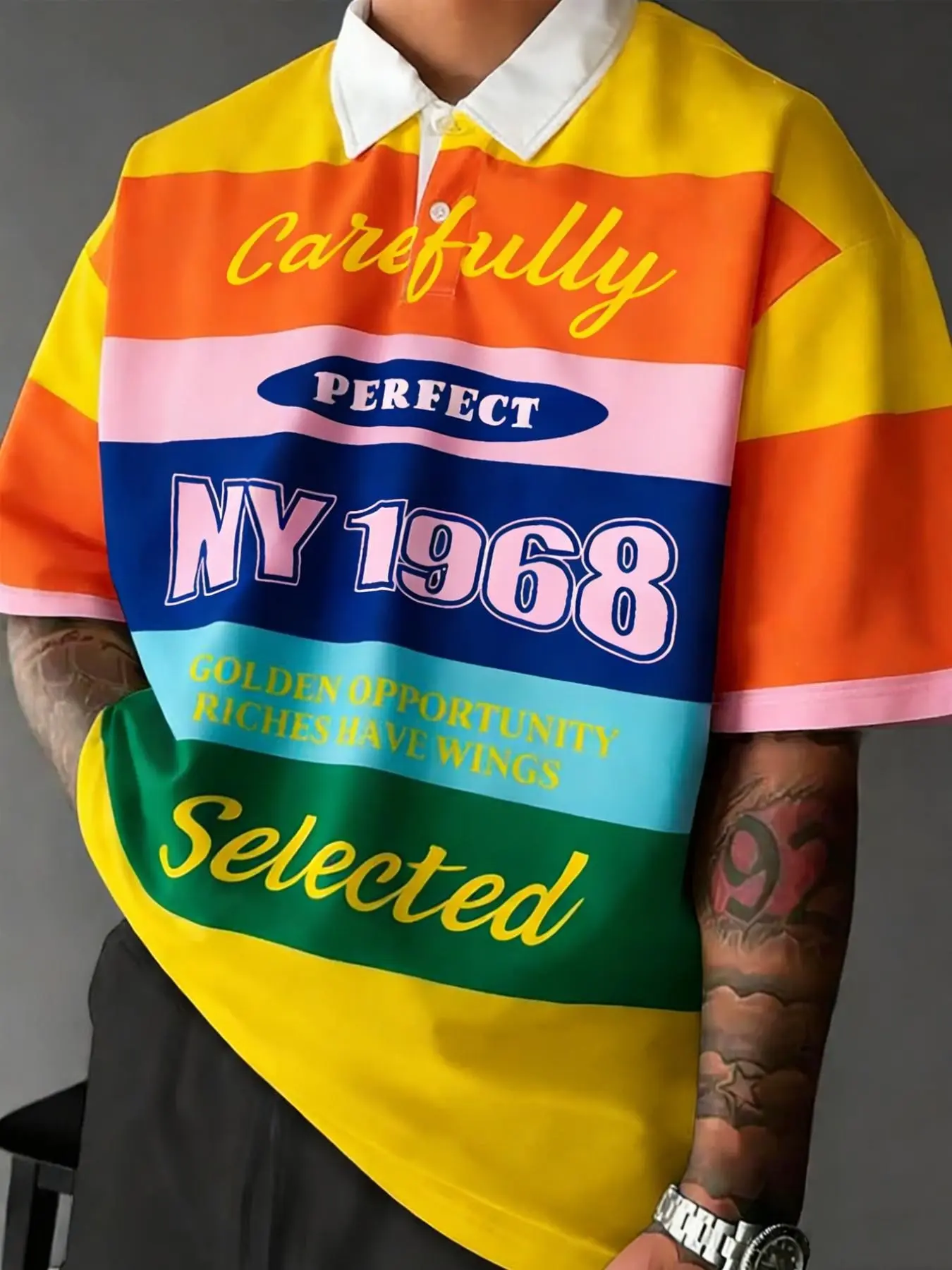 Men's and Women's Vintage Rainbow Striped NY 1968 Loose Fit, Casual, Stylish Polo Shirt CleanFit Y2K Aesthetic Institute Style Fabric, made of soft breathable polyester, Eye-catching bold rainbow stripes + vintage slogan print, Contrast collar desig