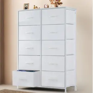 Dresser for Bedroom with 10 Drawers, Tall Chest Organizer with Fabric Bins, Freestanding Storage Cabinet, White