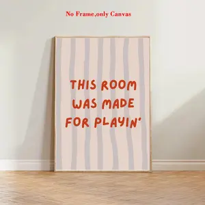 1 pc, wall art, Modern Home Decor, vintage poster, "This room is made for play" quote print, blue red stripes minimalist canvas painting, living room aesthetic, bedroom decor, apartment decor, housewarming gift, unframed