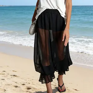 Women Capri Bloomers Pants Casual See-Through Crop Trousers with Safety Shorts for Daily Streetwear