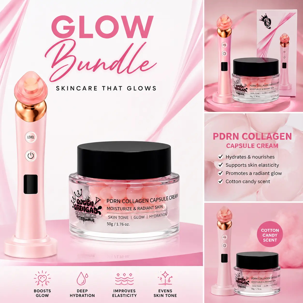Gringas PDRN Collagen Capsule Cream + Facial Massage Wand | Hydrating Glow Skincare Bundle