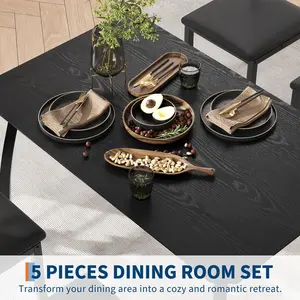 YJ-Garvee 5-piece dining set for 4 people featuring a wooden table (110 x 70 x 76 cm) and 4 padded chairs with beveled edges, designed for small spaces and modern dining areas in natural finish